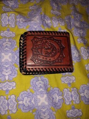 Hand-Tooled Brown Leather Bifold Wallet with Laced Edge. Extremely Well Made